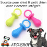 Jouet à mâcher sucette pour chiot et petit chien avec clochette disponible en 3 couleurs