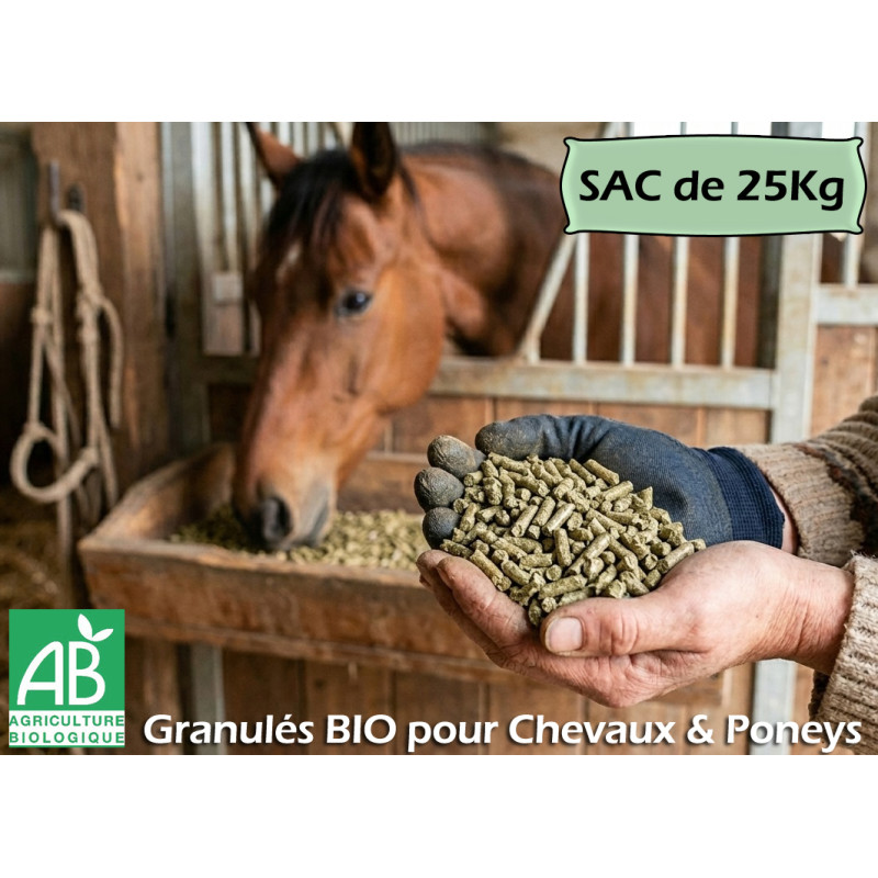 Aliment BIO Cheval Loisir BEYNEL en sacs de 25 kg et aussi en pack de 100 kg pour chevaux et poneys