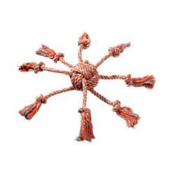 Jouet corde poulpe rouge pour chien avec balle centrale 7 x 8 cm