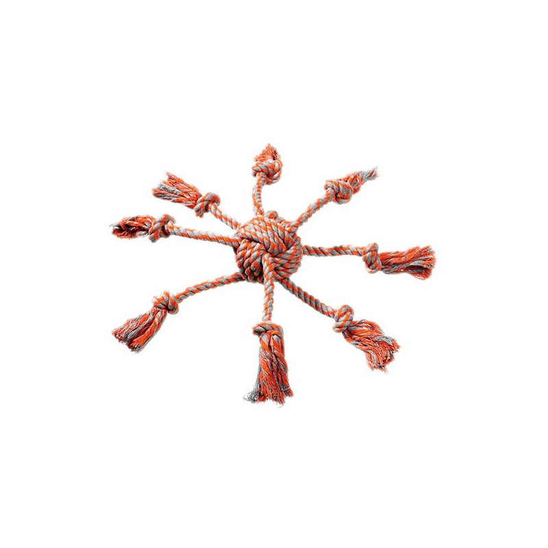 Jouet corde poulpe rouge pour chien avec balle centrale 7 x 8 cm